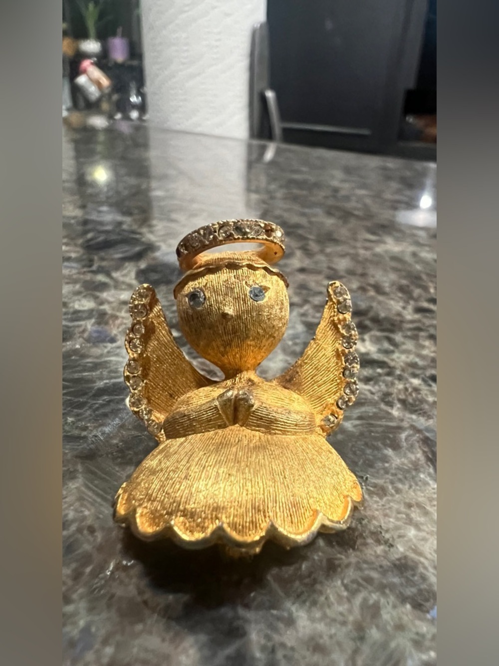 Gold Angel Pin with Rhinestone Halo and Wing Accents